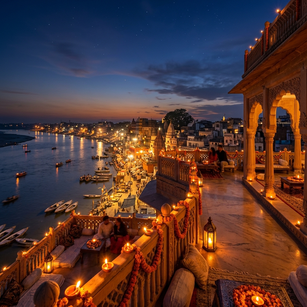 Shared rooftop terrace views of the Ganga river