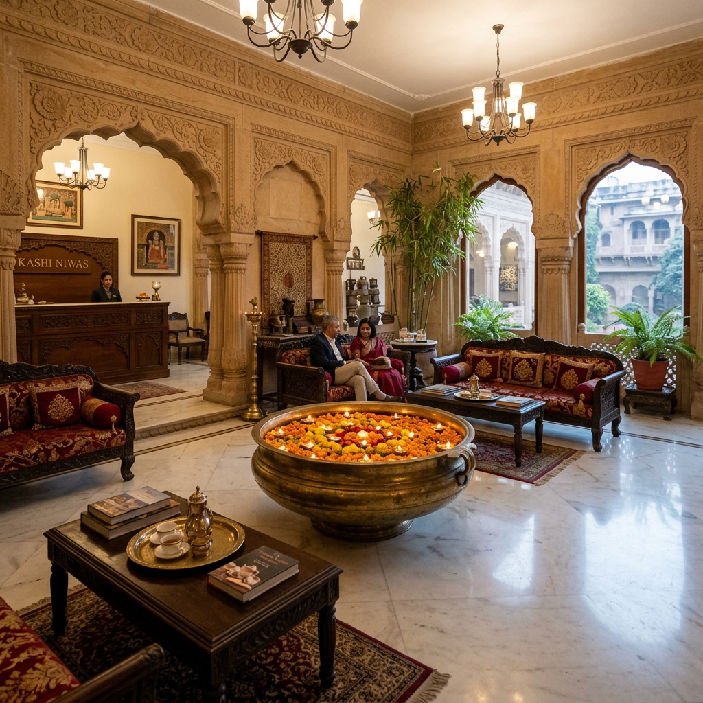 Helpful staff and sitting area at Banaras Guest House